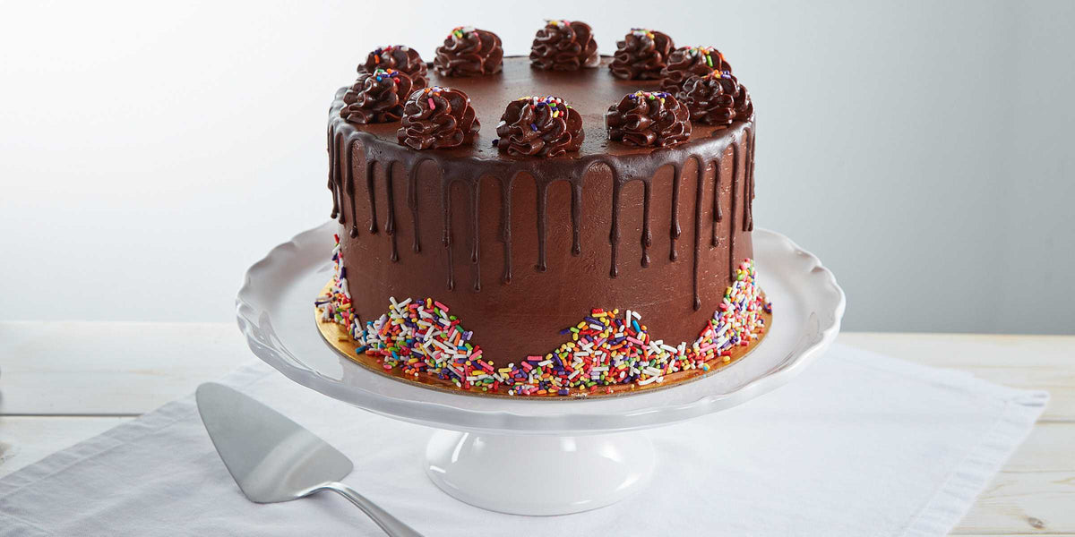 Chocolate drip cake with rainbow sprinkles on a cake stand